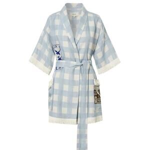 Oroton Patched Gingham Robe, Powder Blue, 100% Linen, Fringe Hem, Resortwear XS